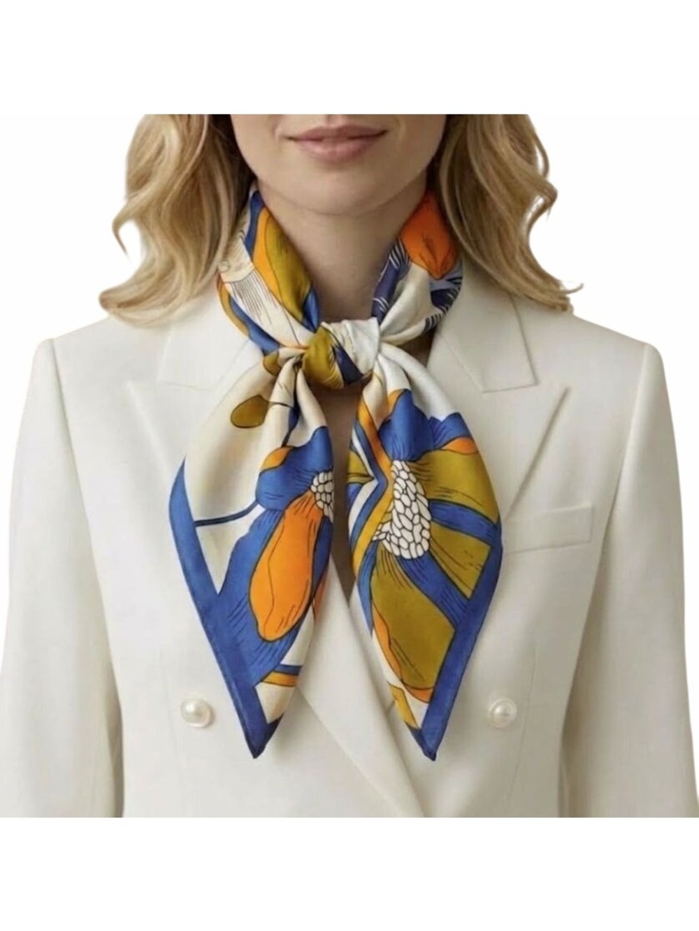 Elegant Bandana Floral Silky Square Scarf Luxurious BLUE ORANGE Soft Satin Hijab